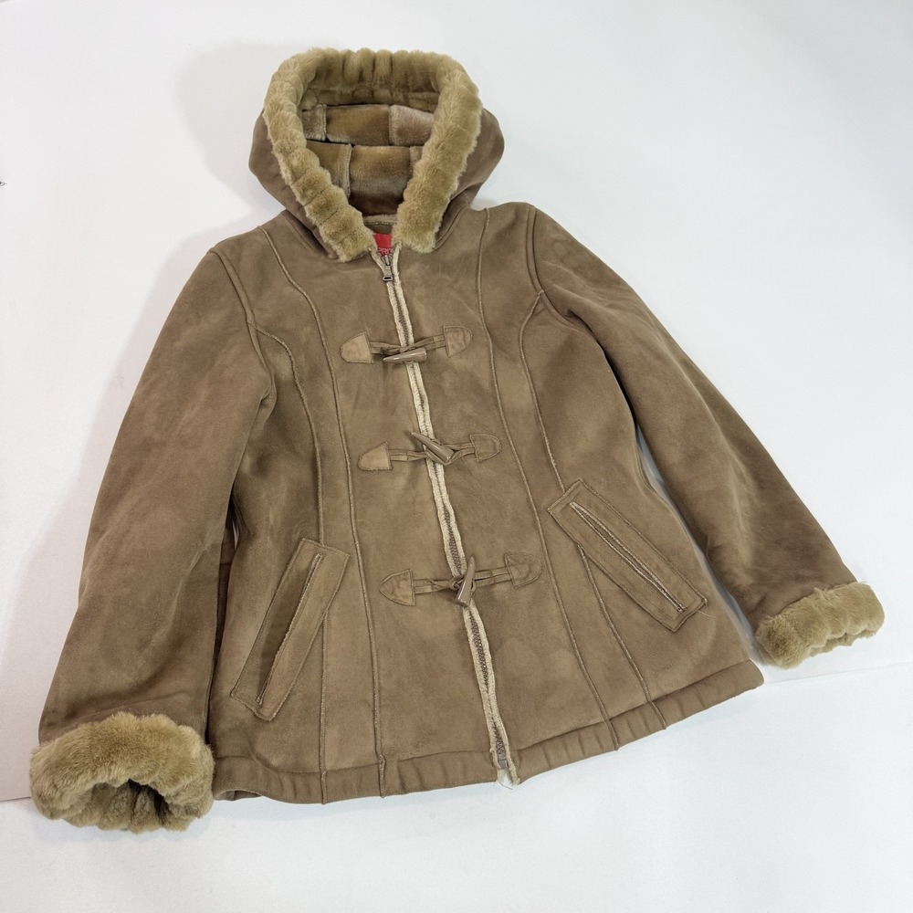Esprit Coat Womens Large Brown Faux Suede Faux Shearling Hooded Toggle Duffle